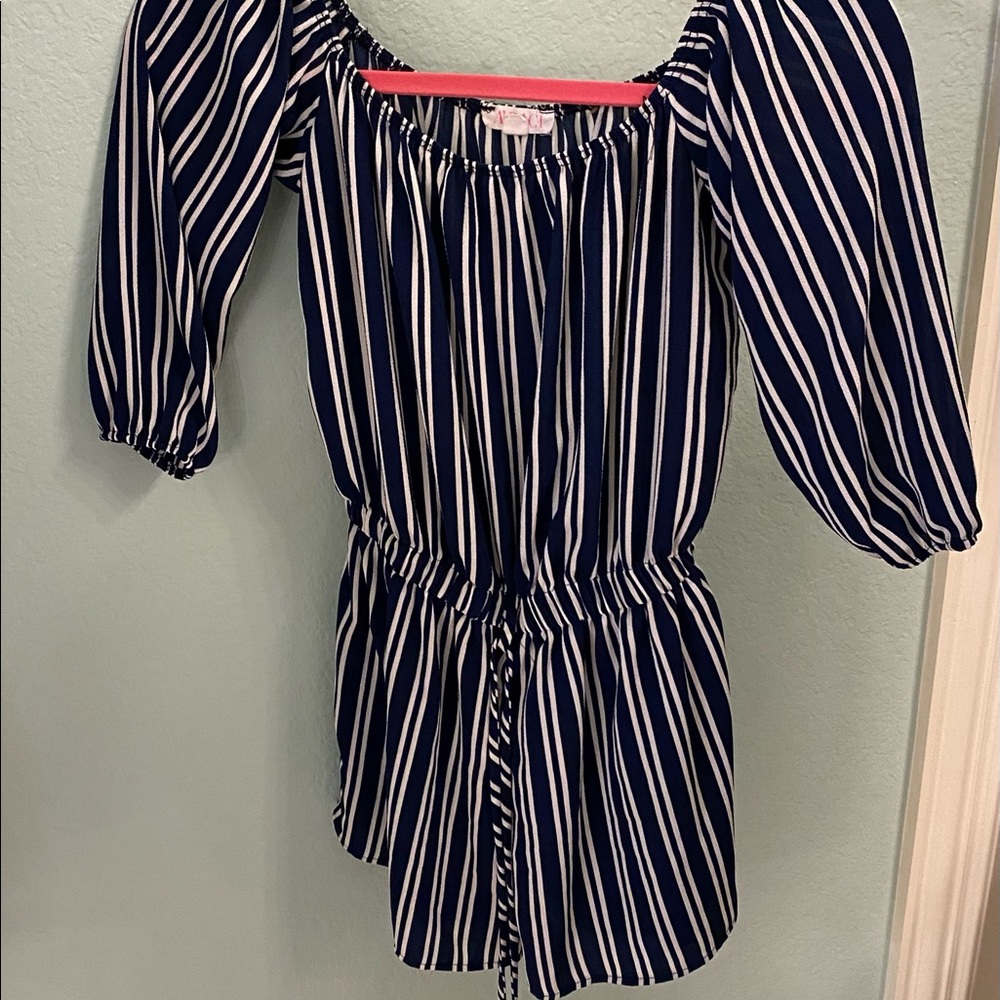 Blue and white stripe lined shorts romper size S
